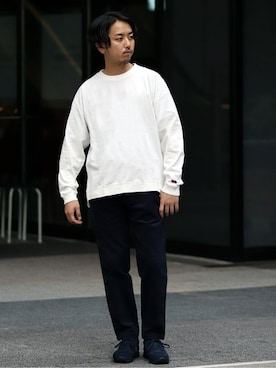 「JOURNAL STANDARD relume（ジャーナルスタンダード　レリューム）のFRUIT OF THE LOOM×relume / 別注 SLIT ロングＴシャツ（Tシャツ/カットソー、ホワイト系）」を使った、SASAさん（メンズ・175cm）の冬コーディネート