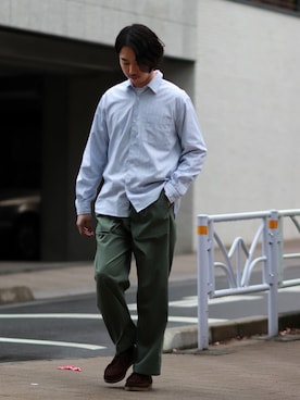 「JOURNAL STANDARD relume（ジャーナルスタンダード　レリューム）の◆SOLOTEX(R) ストライプパターン シャツ（シャツ/ブラウス、ブラウン系）」を使った、SASAさん（メンズ・175cm）の冬コーディネート