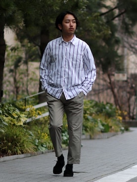 「JOURNAL STANDARD relume（ジャーナルスタンダード　レリューム）の◆SOLOTEX(R) ストライプパターン シャツ（シャツ/ブラウス、ホワイト系）」を使った、SASAさん（メンズ・175cm）の冬コーディネート