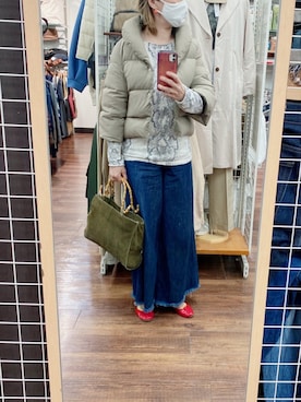 「アイテム（ダウンジャケット/コート、ベージュ系）」を使った、momoさん（レディース・160cm）の春コーディネート