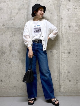 「PBLIM（ページボーイリム）のPAGEBOYLIM/ロゴ刺繍バケットハット2（ハット）」を使った、tagochiさん（レディース・159cm・30代）の春コーディネート