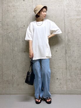 「PBLIM（ページボーイリム）のPAGEBOYLIM/ロゴ刺繍バケットハット2（ハット）」を使った、tagochiさん（レディース・159cm・30代）の春コーディネート