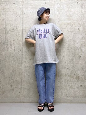 「PBLIM（ページボーイリム）のPAGEBOYLIM/ロゴ刺繍バケットハット2（ハット）」を使った、tagochiさん（レディース・159cm・30代）の夏コーディネート