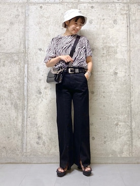 「PBLIM（ページボーイリム）のPAGEBOYLIM/ロゴ刺繍バケットハット2（ハット）」を使った、tagochiさん（レディース・159cm・30代）の夏コーディネート
