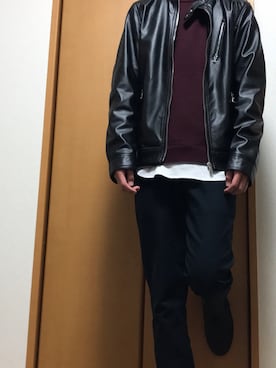 「ワインレッド」｜「アイテム（ライダースジャケット）」を使った、ゆうたろうさん（メンズ・170cm）の春コーディネート