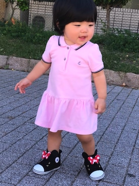 「PETIT BATEAU（プチバトー）の鹿の子編みポロボディドレス（ワンピース、ピンク系）」を使った、ゆうなpanさん（キッズ・90cm）の秋コーディネート