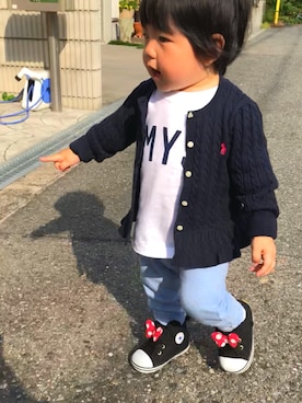 「オーダーメイドのアイテム（Tシャツ/カットソー、ホワイト系）」を使った、ゆうなpanさん（キッズ・90cm）の秋コーディネート