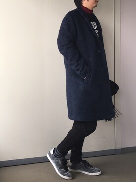 「COS（コス）のアイテム（チェスターコート）」を使った、きつね顔さん（メンズ・173cm）の冬コーディネート