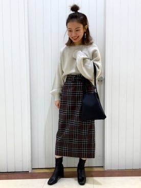 「LOWRYS FARM（ローリーズファーム）のストレッチヒールブーツ　851418（ブーツ）」を使った、LOWRYSFARM ゆめタウン出雲さん（レディース・154cm）の冬コーディネート