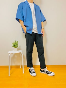 「MONKEY TIME（モンキータイム）の＜monkey time＞ PE/TRO LAPEL SHT SS/シャツ（シャツ/ブラウス、ブルー系）」を使った、社会人Sさん（メンズ・173cm）の夏コーディネート