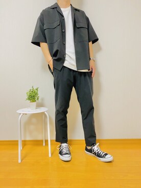 「GU（ジーユー）のアイテム（シャツ/ブラウス、ブラック系）」を使った、社会人Sさん（メンズ・173cm）の夏コーディネート