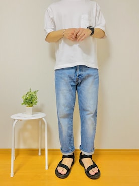 「UNIQLO（ユニクロ）のオーバーサイズクルーネックT（半袖）（Tシャツ/カットソー、ホワイト系）」を使った、社会人Sさん（メンズ・173cm）の夏コーディネート