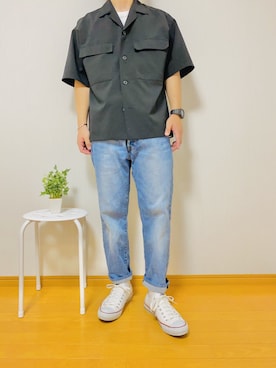 「GU（ジーユー）のアイテム（シャツ/ブラウス、ブラック系）」を使った、社会人Sさん（メンズ・173cm）の夏コーディネート