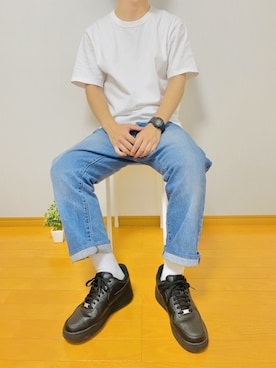 「UNIQLO（ユニクロ）のクルーネックT（半袖）（Tシャツ/カットソー、ホワイト系）」を使った、社会人Sさん（メンズ・173cm）の秋コーディネート