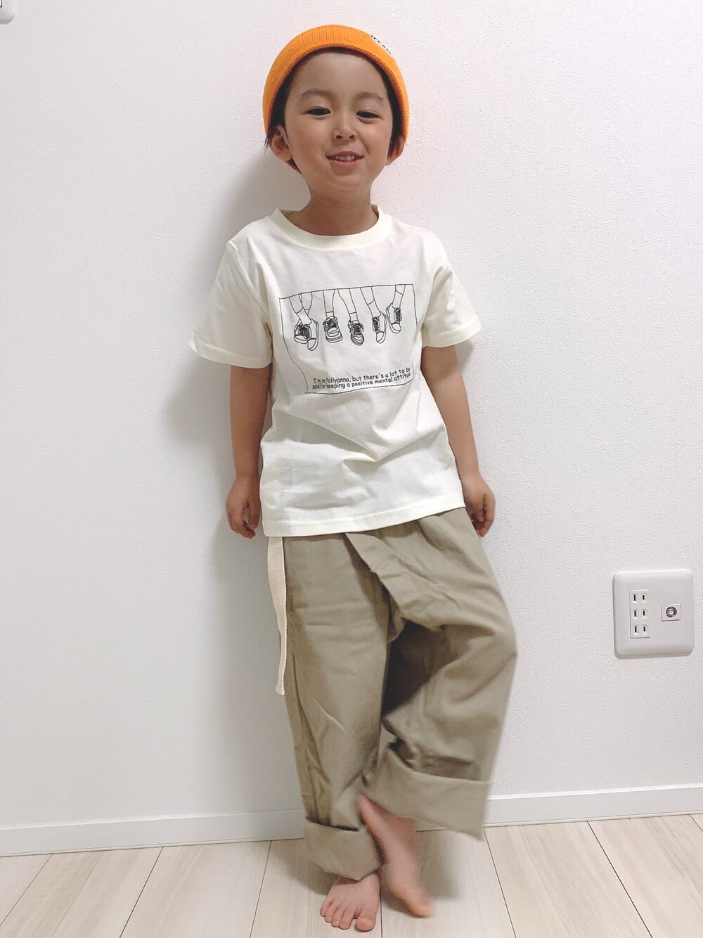 「キッズファッション、キッズコーデ、kidsfashion、kidscode、kids、devirock、ラップパンツ、息子コーデ、男の子コーデ、5歳」｜「devirockのアイテム（Tシャツ/カットソー、ホワイト系）」を使った、gakuchinさん（キッズ・100cm）の春コーディネートの1枚目の写真