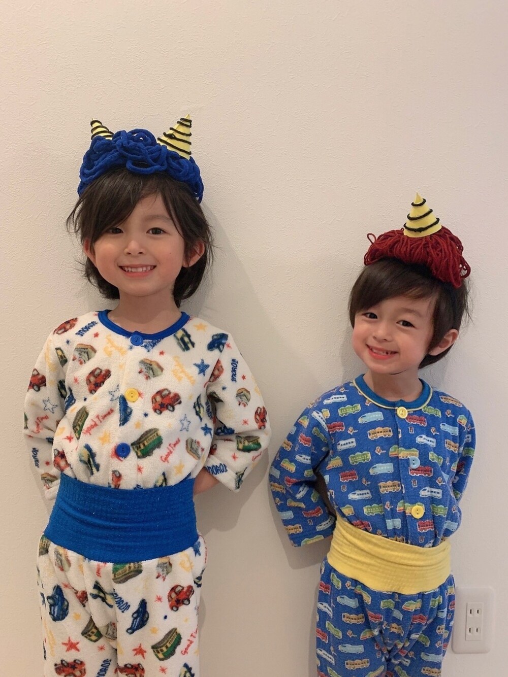 「節分、鬼のツノ、キッズ、kids、ルームウェア、パジャマ、5歳と3歳、兄弟」｜「しまむらのアイテム（ルームウェア/パジャマ、ホワイト系）」を使った、gakuchinさん（キッズ・110cm）の春コーディネートの1枚目の写真