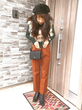 「AZUL by moussy（アズールバイマウジー）のシャギーベレー帽（ハンチング/ベレー帽、ブラック系）」を使った、YUZUKIさん（レディース・154cm）の冬コーディネート