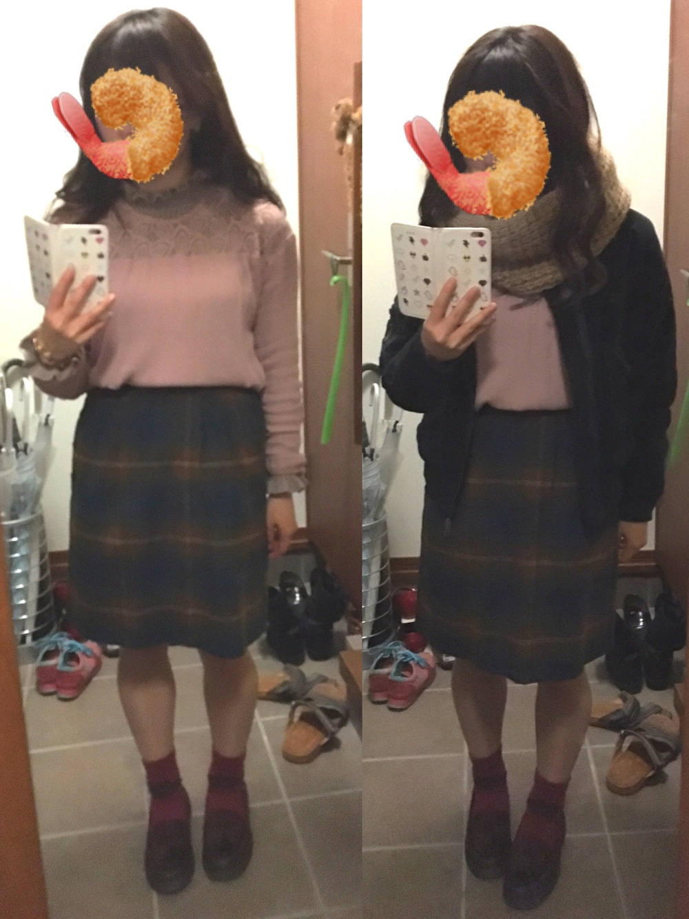 「winter、ootd、チェックスカート、フリルニット、レースブラウス、ローファー、アーガイルソックス、ブルゾン、スヌード、カラフル」｜「fifthのアイテム（ニット/セーター、ブラウン系）」を使った、めIさん（レディース・153cm）の冬コーディネートの1枚目の写真