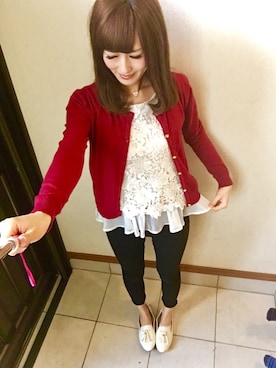 「CECIL McBEE（セシルマクビー）のアイテム（カーディガン/ボレロ、レッド系）」を使った、michuさん（レディース・164cm）の春コーディネート