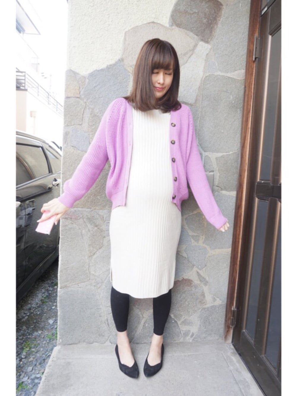 「休日スタイル、冬コーデ、ママファッション、GU、高身長女子、オトナ女子、ママコーデ、妊婦、妊娠10ヶ月、ワンピース」｜「GUのアイテム（カーディガン/ボレロ、パープル系）」を使った、miyuさん（レディース・164cm）の冬コーディネートの1枚目の写真