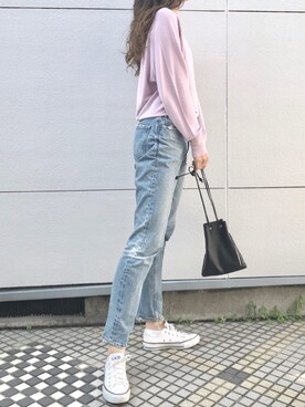 「MOUSSY（マウジー）のMVS SKINNY（デニムパンツ）」を使った、Moeさん（レディース・170cm）の秋コーディネート