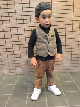 「H&M（エイチ・アンド・エム）のアイテム（ハンチング/ベレー帽）」を使った、fumioさん（キッズ・90cm）の冬コーディネート