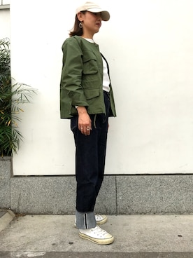 「キャップ女子」｜「アイテム（ノーカラージャケット）」を使った、ayayaさん（レディース・160cm）の春コーディネート