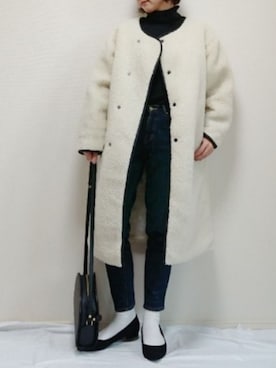 「ZOZO（ゾゾ）のスリムテーパードデニムパンツ［WOMEN］（デニムパンツ）」を使った、nonさん（レディース・159cm）の冬コーディネート