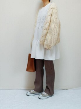 「ケーブルカーディガン」｜「アイテム（ワンピース/ドレス）」を使った、nonさん（レディース・159cm）の春コーディネート