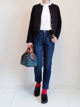 「ZOZO（ゾゾ）のスリムテーパードデニムパンツ［WOMEN］（デニムパンツ）」を使った、nonさん（レディース・159cm）の春コーディネート