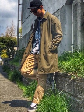 「シュプリーム」｜「アイテム（ステンカラーコート）」を使った、masaさん（メンズ・176cm）の春コーディネート