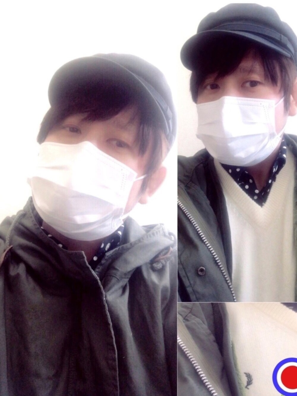 ブルー系のシャツ/ブラウス、ホワイト系のニット/セーター、グリーン系のモッズコートを着用したメンズの秋コーディネートの1枚目の写真