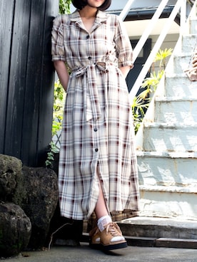 「one way（ワンウェイ）のアイテム（シャツワンピース）」を使った、まつさん（レディース・152cm）の夏コーディネート