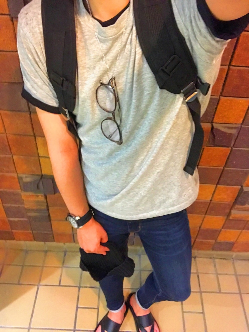 「シンプルスタイル、ファッション、メンズファッション、スキニーデニム、オシャレ好き、いつかのコーデ、おしゃれさんと繋がりたい、お洒落さんとつながりたい、followme、フォローミー」｜「UNIQLOのアイテム（メガネ、ブラウン系）」を使った、haさん（メンズ・165cm）の夏コーディネートの1枚目の写真