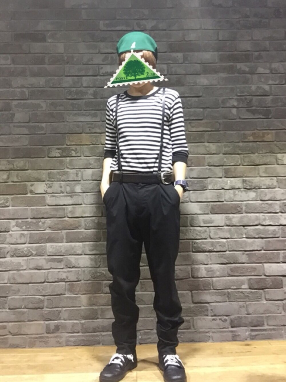 「おしゃれさんと繋がりたい、サスペンダー、ボーダー、ハンチング、KANGOL、PALLADIUM、WEGO、GU」｜「KANGOLの『TGC着用アイテム』【KANGOL】Tropic 504 Ventair / 【カンゴール】トロピック 504 ベントエアー（ハンチング/ベレー帽、グリーン系）」を使った、小原 慶太さん（メンズ・163cm）の夏コーディネートの1枚目の写真