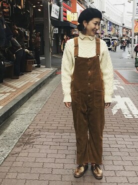 「MANASTASH（マナスタッシュ）のアイテム（サロペット/オーバーオール）」を使った、YOSHIHARUさん（レディース・168cm）の冬コーディネート