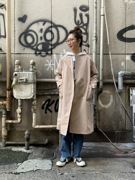 「MANASTASH（マナスタッシュ）のアイテム（ステンカラーコート）」を使った、YOSHIHARUさん（レディース・168cm）の冬コーディネート