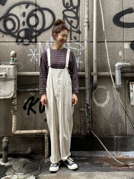 「MANASTASH（マナスタッシュ）のアイテム（サロペット/オーバーオール）」を使った、YOSHIHARUさん（レディース・168cm）の冬コーディネート