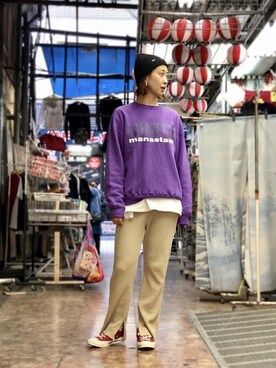 「MANASTASH（マナスタッシュ）のアイテム（スウェット）」を使った、YOSHIHARUさん（レディース・168cm）の春コーディネート