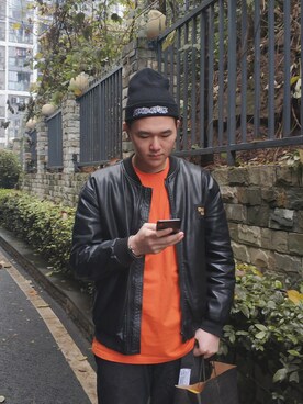 「日系极简」｜「アイテム（ライダースジャケット）」を使った、阳仔nsさん（メンズ・181cm）の冬コーディネート