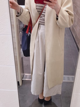 「MAJESTIC LEGON（マジェスティックレゴン）のマルチボーダースクエアトップス（Tシャツ/カットソー、ベージュ系）」を使った、Namiさん（レディース・155cm）の春コーディネート