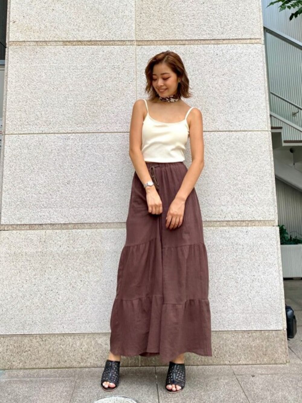 「#カジュアル、#大人カジュアル、＃ワイドパンツ、#シンプル、#サンダル、#ビスチェ、#シンプルコーデ、#EGOIST、#夏コーデ、＃EGOISTSTAFF」｜「EGOISTのセンター切替メッシュサンダル（サンダル、ブラック系）」を使った、EGOIST staffさん（レディース・165cm）の夏コーディネートの1枚目の写真