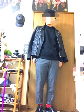 「SPINNS（スピンズ）のアイテム（ライダースジャケット）」を使った、てぃーきさん（メンズ・170cm）の秋コーディネート