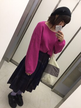 「ピンク×ネイビー」｜「アイテム（帽子）」を使った、m o e○▲□さん（レディース・161cm）の冬コーディネート