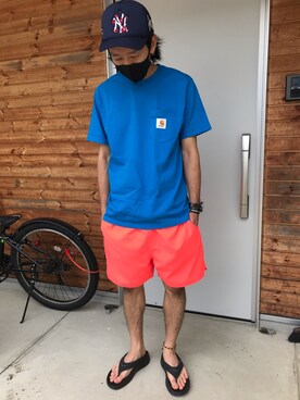 「AWAKE NY（アウェイクニューヨーク）のアイテム（Tシャツ/カットソー、ブルー系）」を使った、ハヤさん（メンズ・172cm）の夏コーディネート