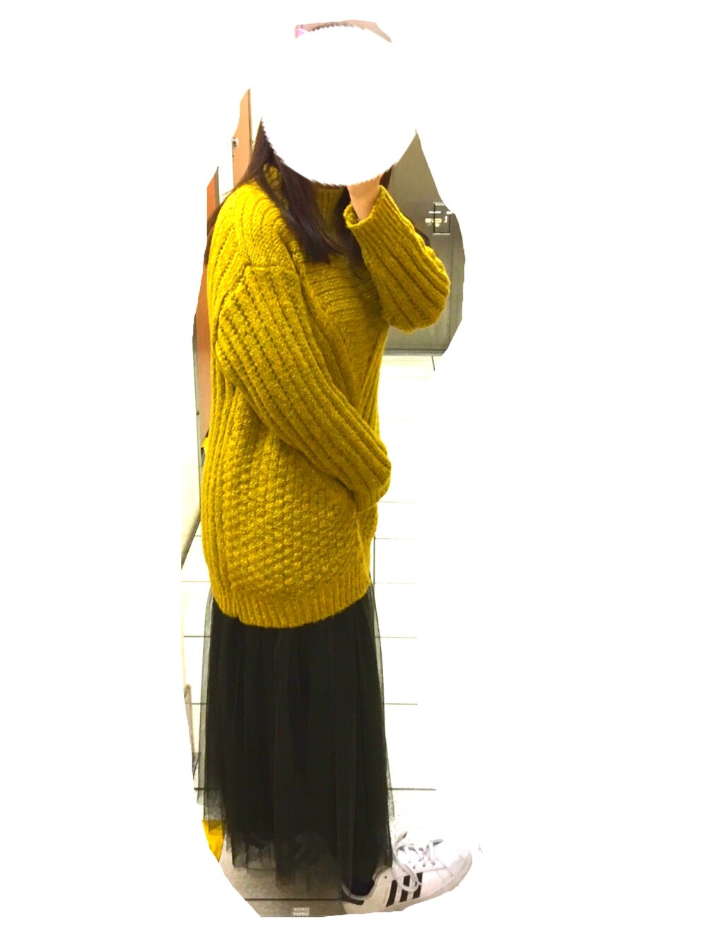 yuu2さんの「【mina 1月号掲載】ざっくり編みモックネックボリューム袖ニットチュニック（ＡＮＤＪ）」を使ったコーディネート