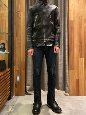 「ロイヤルフラッシュ」｜「アイテム（ライダースジャケット）」を使った、ゆうきさん（メンズ・174cm）の冬コーディネート