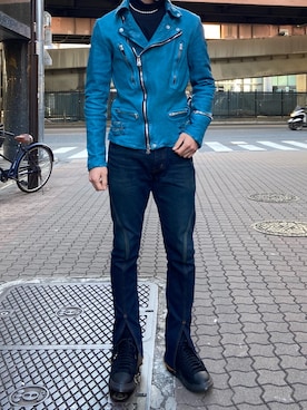 「ロイヤルフラッシュ」｜「アイテム（ライダースジャケット）」を使った、ゆうきさん（メンズ・174cm）の冬コーディネート