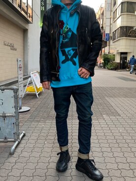 「ロイヤルフラッシュ」｜「アイテム（ライダースジャケット）」を使った、ゆうきさん（メンズ・174cm）の冬コーディネート