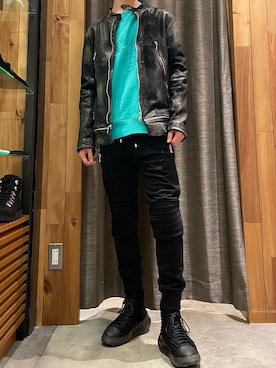 「ロイヤルフラッシュ」｜「アイテム（ライダースジャケット）」を使った、ゆうきさん（メンズ・174cm）の冬コーディネート